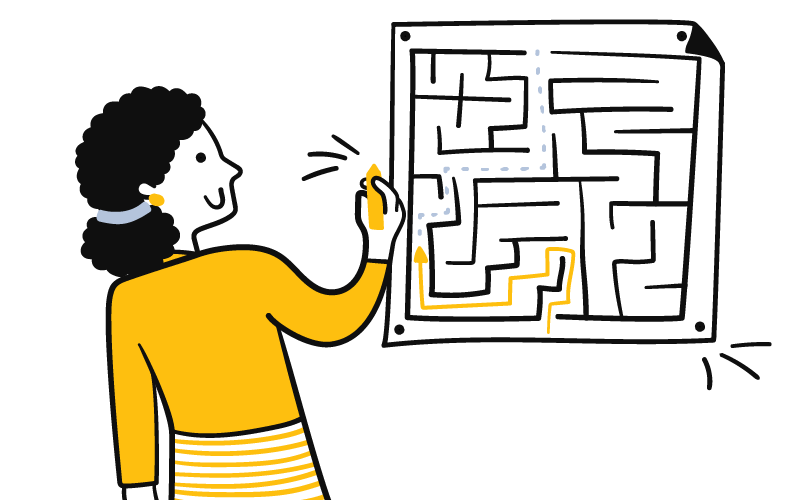 An illustration of a woman drawing an exit route through a maze